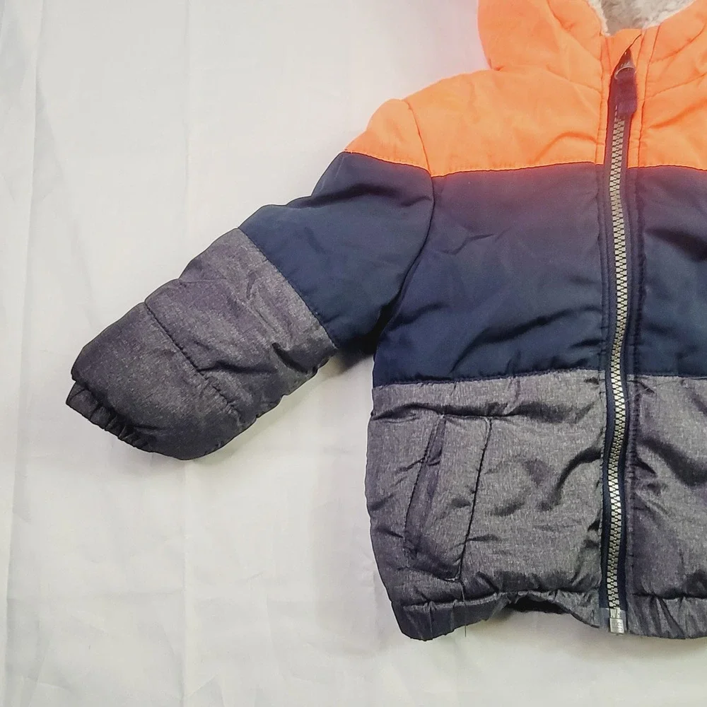 OshKosh Kids B'gosh Colorblock Puffer Jacket Size 18M Orange Navy Gray Hooded